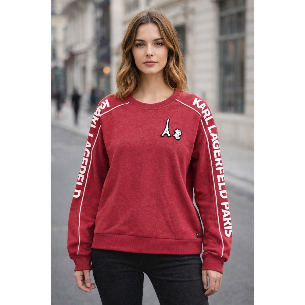 Karl Lagerfeld Paris Sweatshirt Womens Sz Small Red Logo Tape Eiffel Tower Patch